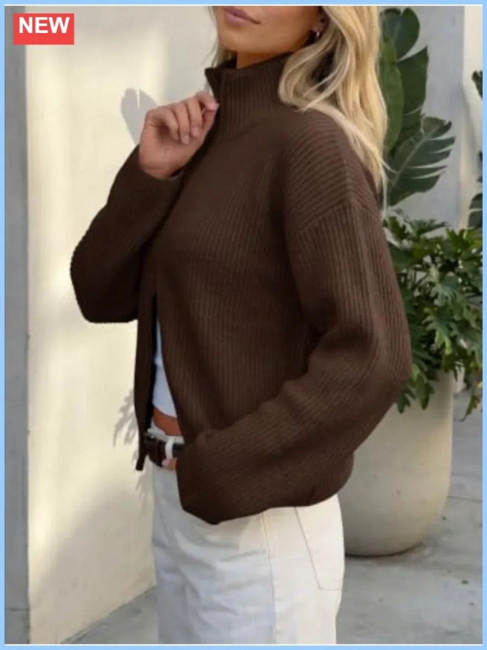 Chunky Ribbed Knit Zip Up Cardigan Mock Neck Long Sleeve Sweater Jacket